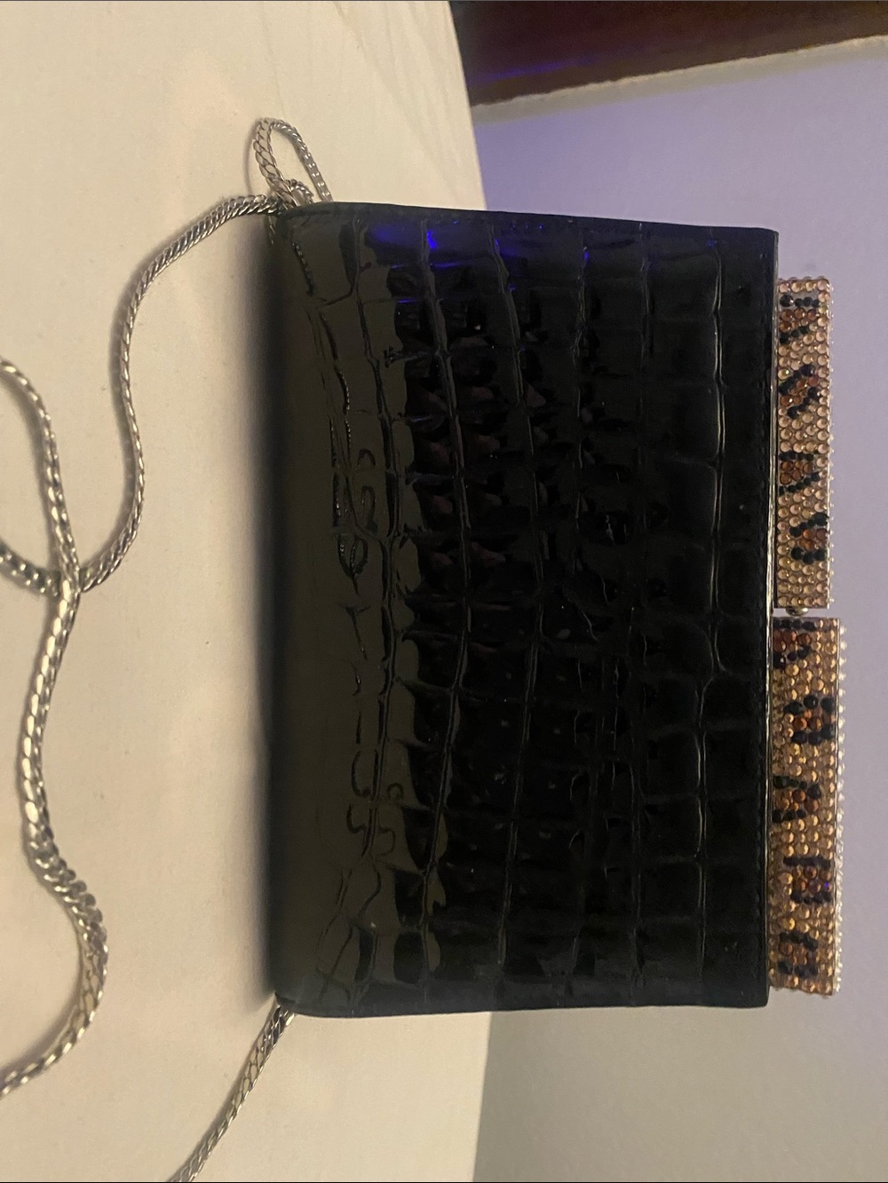 Black Croc-Embossed Evening Crossbody Handbag with Crystal Accent